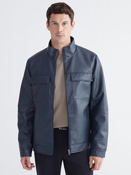 Standart Kal?p Dik Yaka Erkek Deri G?r?n?ml? Ceket