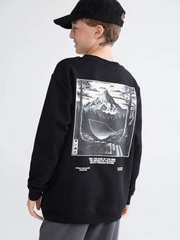 Bisiklet Yaka Bask?l? Erkek ?ocuk Kal?n Sweatshirt