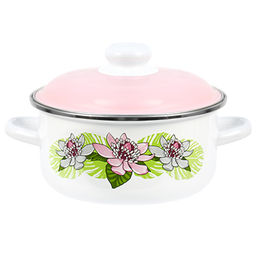 "Азалия" Кастрюля эмалированная 2л, д18см, h11,5см, цилиндрическая форма, металлическая крышка с пластмассовой ручкой-кнопкой, ободок из нержавеющей стали, белый (Россия)