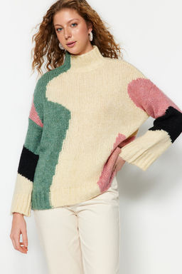 Bej Yumusak Dokulu Renk Bloklu Genis Kal?p Triko Kazak TWOAW20XS0047