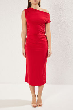 TRENDYOLMILLA Siyah Fitted Vucuda Oturan Kay?k Yaka S?f?r Kol Esnek Orme Orme Midi Kalem Elbise TWOSS24EL00662  фото 3