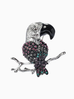 Брошь «Птица» какаду на ветке, цветная в серебре