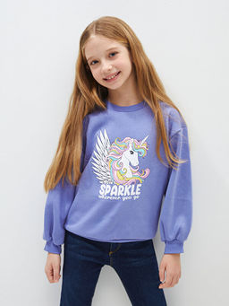 Bisiklet Yaka Bask?l? Uzun Kollu K?z ?ocuk Sweatshirt