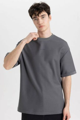 Comfort Regular Fit Rahat Kal?p Bisiklet Yaka Bask?l? K?sa Kollu Ag?r Kumas Tisort