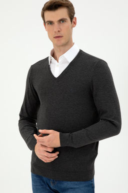 Erkek Slim Fit V Yaka Antrasit Melanj Basic Kazak - U.s. polo assn фото 3