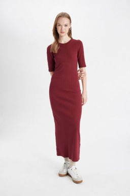 Bodycon Vucuda Oturan Bisiklet Yaka Basic Duz Fitilli Kaskorse K?sa Kollu Maxi Bordo Elbise