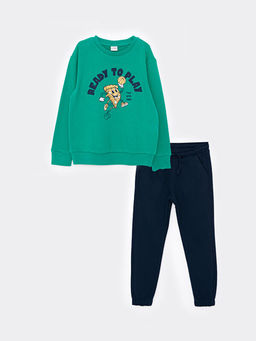 Bisiklet Yaka Bask?l? Uzun Kollu Erkek ?ocuk Sweatshirt ve E?ofman Alt?
