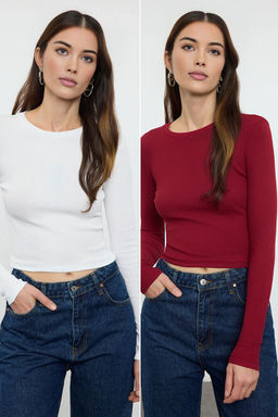 Ekru-Bordo li Paket Vucuda Oturan Bisiklet Yaka Fitilli Crop Esnek Orme Bluz TWOAW22BZ0331