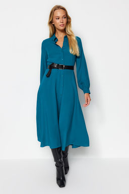 TRENDYOLMILLA Siyah Kemerli Midi Dokuma Gomlek Elbise TWOAW21EL1428
