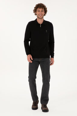 Erkek Slim Fit Yar_m Fermuarl_ Polo Yaka Siyah Kazak