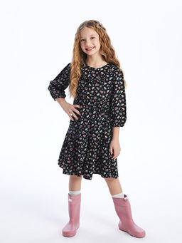 Bisiklet Yaka ?i?ekli K?z ?ocuk Elbise