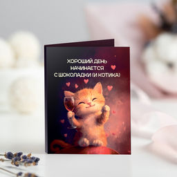 цена за 2 шт Мини-открытка Хороший день начинается с шоколадки (кот с вином)