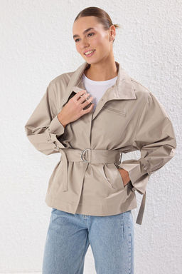 Ac?k Haki Dikis Detayl? Oversize K?sa Trenckot TWOSS25TR00016