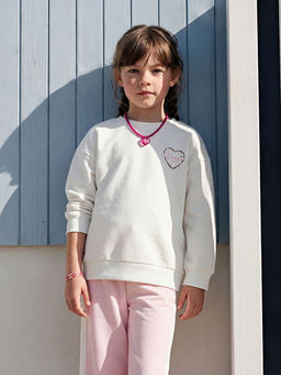 Bisiklet Yaka Bask?l? K?z ?ocuk Soft Touch Sweatshirt