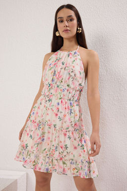 TRENDYOLMILLA Pembe Etegi Belden Ac?lan Desenli Mini Dokuma Elbise TWOSS25EL00415  фото 5