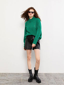 Yar?m Bal?k?? Yaka Kendinden Desenli Uzun Kollu Kad?n Triko Kazak