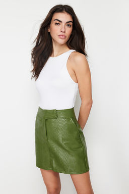 TRENDYOLMILLA Haki Premium Yuksek Kalite A-Line Suni Deri Mini Dokuma Etek TWOAW22ET0480 фото 14