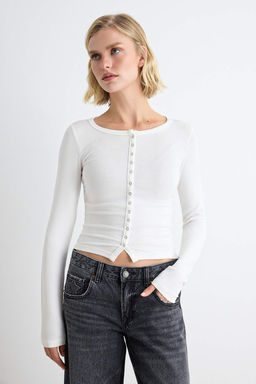 Siyah-Ekru D_z Fitted Bisiklet Yaka Crop/K_sa __t__tl_ Viskon Ribana _rme Bluz TWOAW27BZ00049