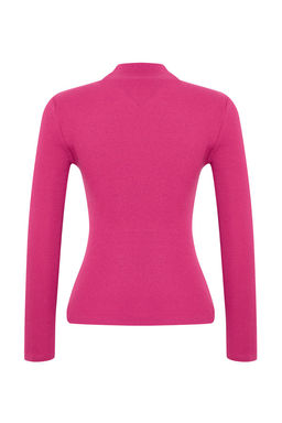 Pembe Fitted/Vucuda Oturan Dik Yaka Uzun Kol Fitilli Esnek Orme Bluz TWOAW21BZ0423