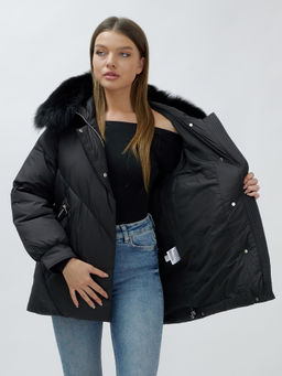 Полупальто женское зимние с мехом песец люкс класса черного цвета 6227Ch - Visdeer фото 16