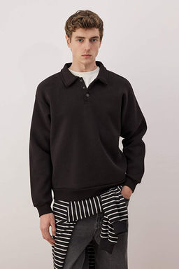 Siyah Yeni Oversize/Geni_ Kesim Soft Kalite __i Polarl_ Polo Yaka Sweatshirt TMNAW26SW00004 - Trendyolmilla фото 2