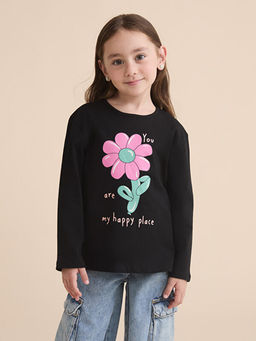 Bisiklet Yaka ?i?ekli K?z ?ocuk Ti??rt