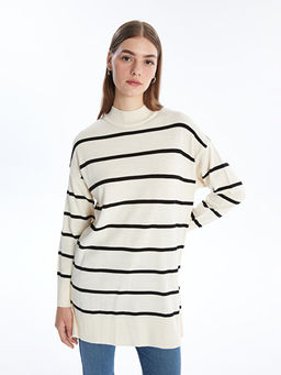 Yar?m Bal?k?? Yaka ?izgili Uzun Kollu Kad?n Triko Tunik