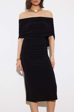 Limited Edition Siyah Bodycon Carmen Yaka Kolsuz Esnek Orme Elbise TWOSS26EL00266