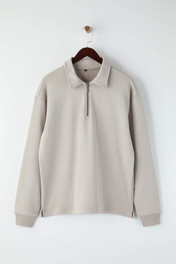 Gri Yeni Oversize/Genis Kesim Fermuarl? Gomlek Yaka Ici Sardonsuz Sweatshirt TMNAW26SW00013