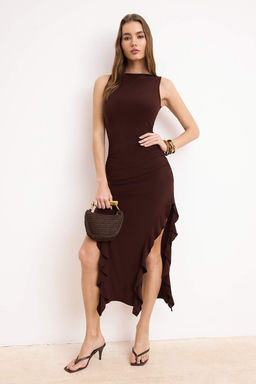 TRENDYOLMILLA Siyah Bodycone S?f?r Kol Y?rtmacl? F?rf?r Detayl? Esnek Kal?n Sandy Maxi Kalem Elbise TWOSS24EL00688  фото 40