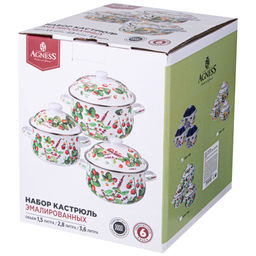 НАБОР КАСТРЮЛЬ AGNESS ЭМАЛИРОВАННЫХ СЕРИЯ ФРУКТОВАЯ КОРЗИНА, 6ПР. 1,5/2,8/3,6Л,16Х10/20Х12/22Х13СМ  фото 2