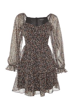 Siyah Cicek Desenli Belden Ac?lan Volanl? Astarl? Dokuma Elbise TWOAW23EL01455