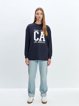 Bisiklet Yaka Bask?l? Oversize Kad?n Sweatshirt Tunik