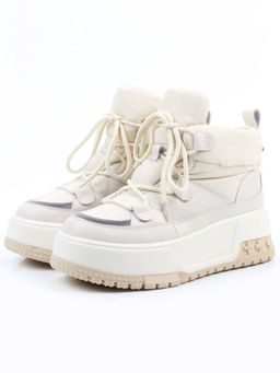 04-WG039-2M WHITE/BEIGE Ботинки зимние женские (натуральная кожа, курточная ткань, 100% шерсть)