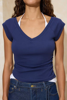 Lacivert Vucuda Oturan Ikili Gorunumlu V Yaka K?sa Kollu Pamuk Ribana Orme Bluz TWOSS26BZ00101 - Trendyolmilla фото 3