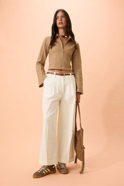 Beyaz Kemerli Pili Detayl? Dokuma Gabardin Pantolon TWOSS26PL00087 - Trendyolmilla фото 2