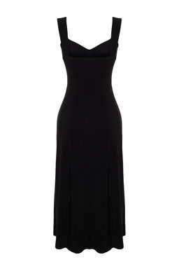 Siyah Kalp Yaka Y?rtmacl? Duz Esnek Orme Midi Elbise TWOSS24EL00412 - Trendyolmilla фото 7