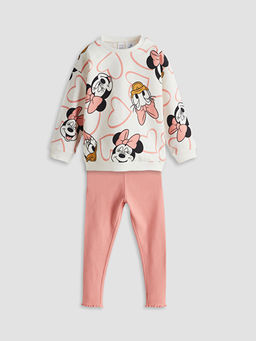 Bisiklet Yaka Minnie Mouse Bask?l? K?z Bebek Sweatshirt ve Tayt 2li