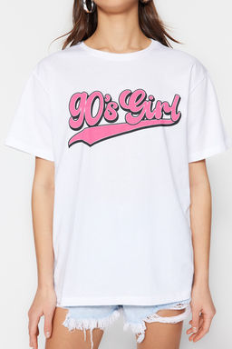 TRENDYOLMILLA Lacivert Bask?l? Oversize/Genis Kal?p Dik Yaka Orme T-Shirt TWOSS23TS00373  фото 4