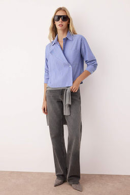 Mavi-Cok Renkli Ceket Yaka Oversize Cizgili Dokuma Gomlek TWOAW26GO00020
