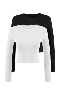 Siyah-Beyaz 2li Paket Fitted/Vucuda Oturan Bisiklet Yaka Crop Fitilli Esnek Orme Bluz TWOAW22BZ0331