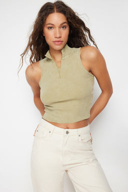 Trendyolmilla Haki Eskitme/Soluk Efektli Fitted Fermuarl? Fitilli Pamuklu Esnek Orme Bluz TWOSS24BZ00036 фото 3