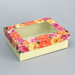 Цена за 2 шт. Коробка складная, крышка-дно, Цветочки, 16.5?12.5?5.2 см с окном