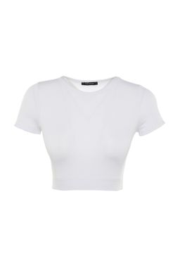Beyaz Crop Hafif Destekli Yumusak Dokulu Bisiklet Yaka Orme Spor Ust/Bluz TWOAW21BZ0158