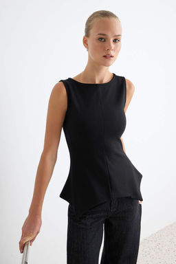 Siyah D_z Kay_k Yaka Peplum Asimetrik Kolsuz _rme Bluz TWOAW27BZ00265 - Trendyolmilla фото 2
