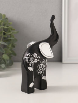 Фигурка «Чёрный слон с ушками хобот вверх», полистоун, серебряный цветок, 9×4.5×15.5 см