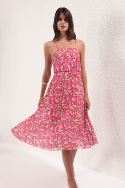 TRENDYOLMILLA Ekru Cicekli Etegi Belden Ac?lan Piliseli Midi Dokuma Elbise TWOSS25EL00581  фото 7