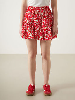 Beli Lastikli ?i?ekli Kad?n ?ortlu Etek