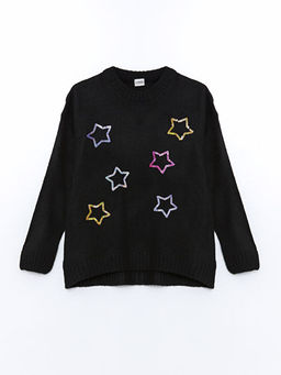 Bisiklet Yaka Pul ??lemeli K?z ?ocuk Triko Kazak