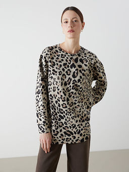 Bisiklet Yaka Leopar Desenli Oversize Kad?n Sweatshirt Tunik